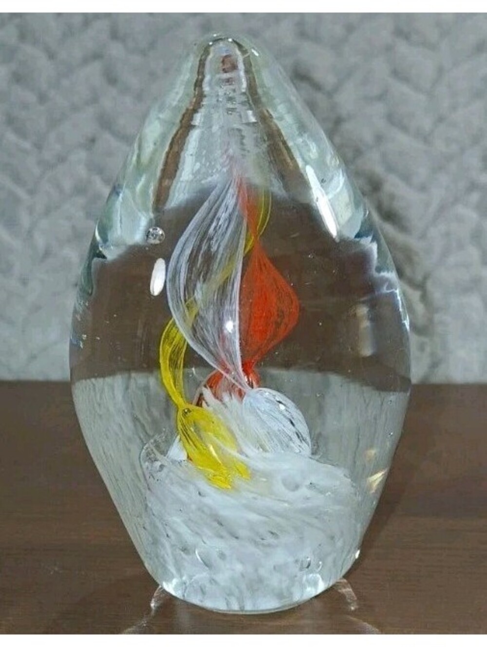 Art Glass Paperweight Collectible Decorative Oval Egg - Yellow Orange Red Swirl